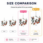 Size comparison chart for decorative window hangings with bird and floral design.