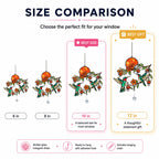 Size comparison chart for decorative window hangings with hummingbirds and flowers.