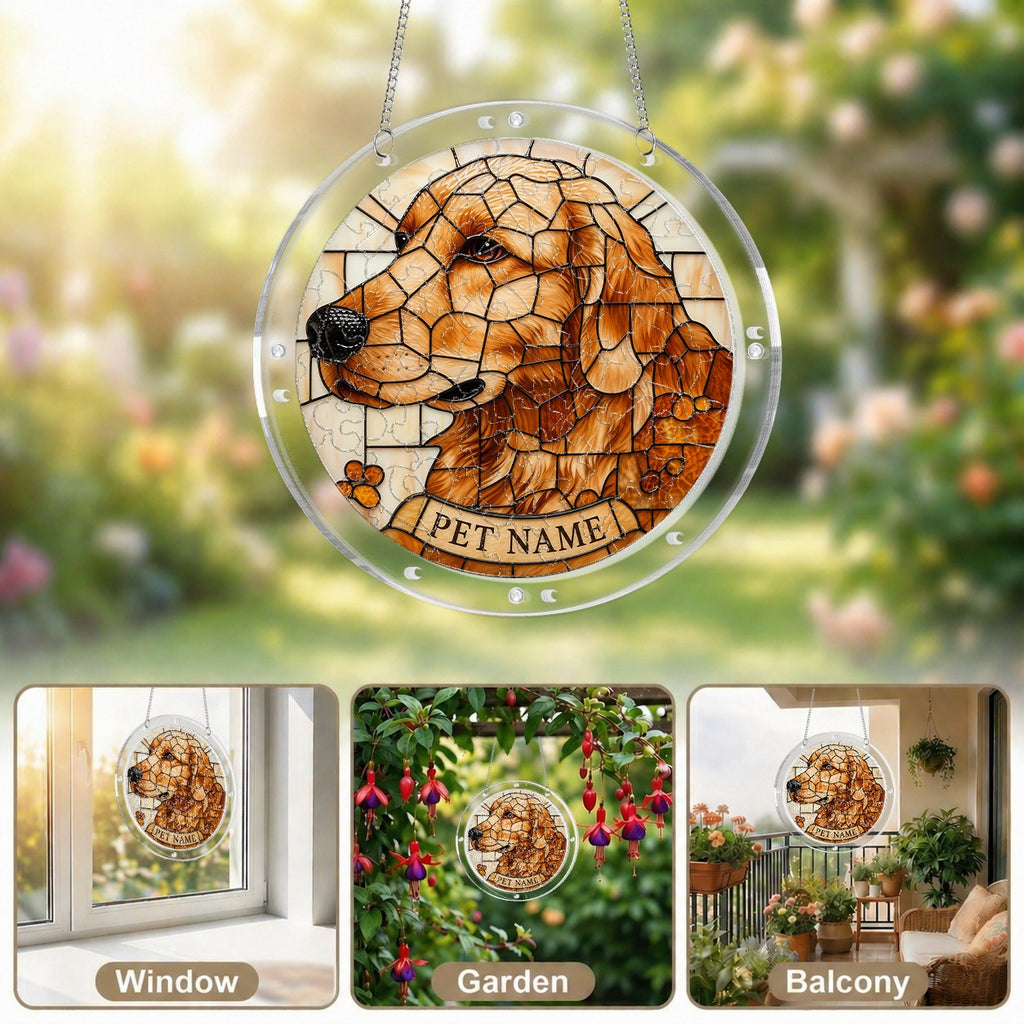 Pet memorial puzzle suncatchers displayed in a bright garden setting