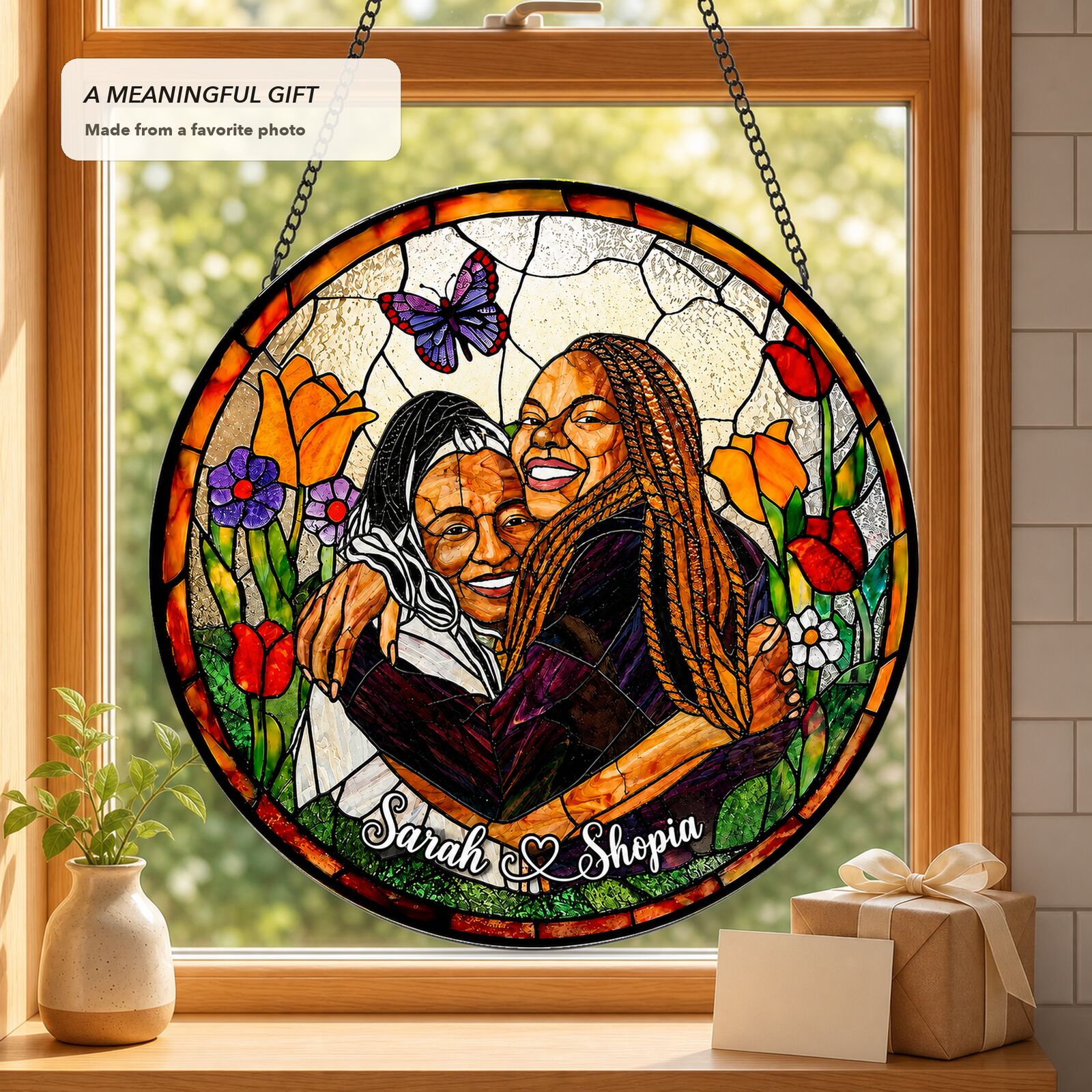 Personalized Butterfly Garden Photo Stained Glass Suncatcher
