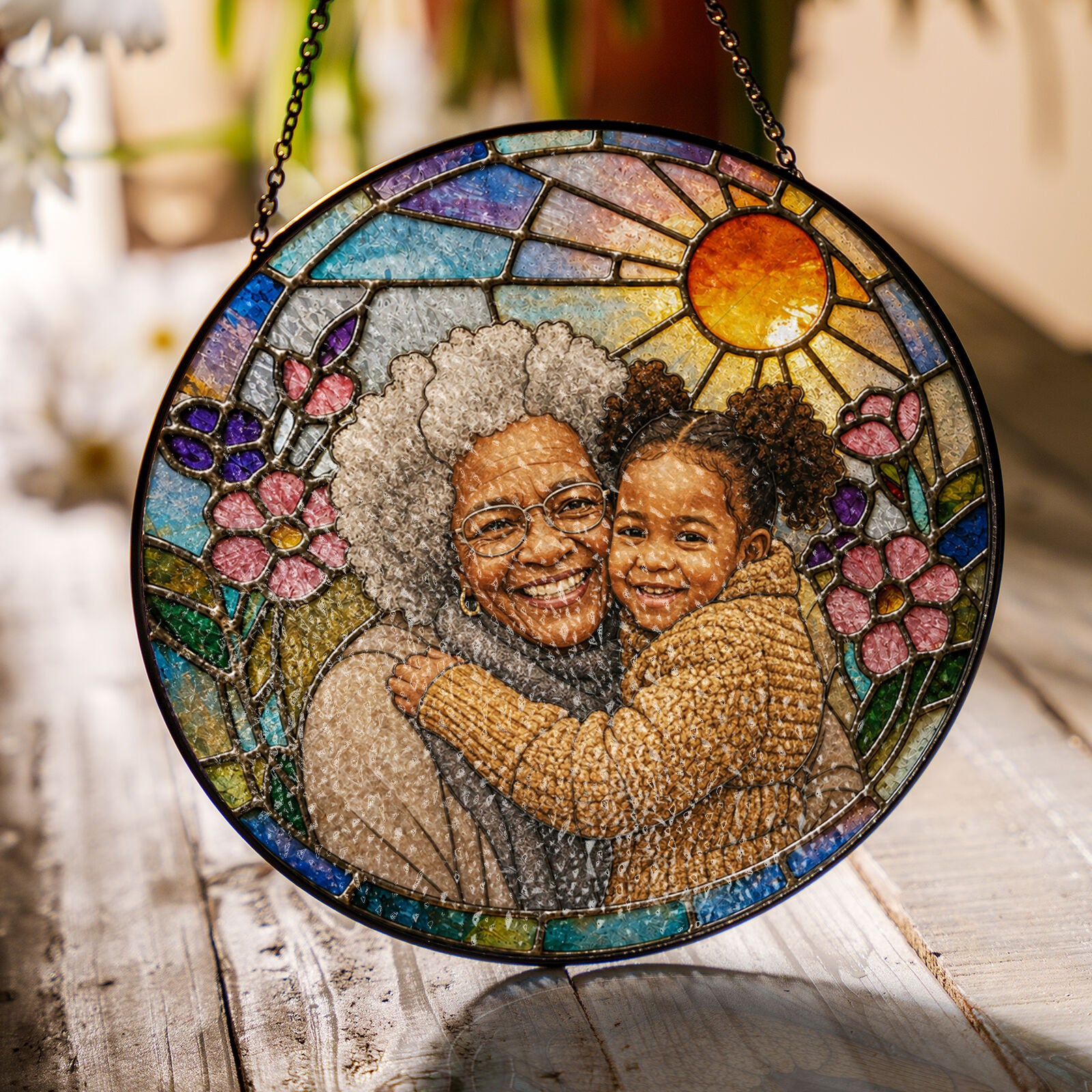 Personalized Blossom Sunrise Photo Stained Glass Suncatcher
