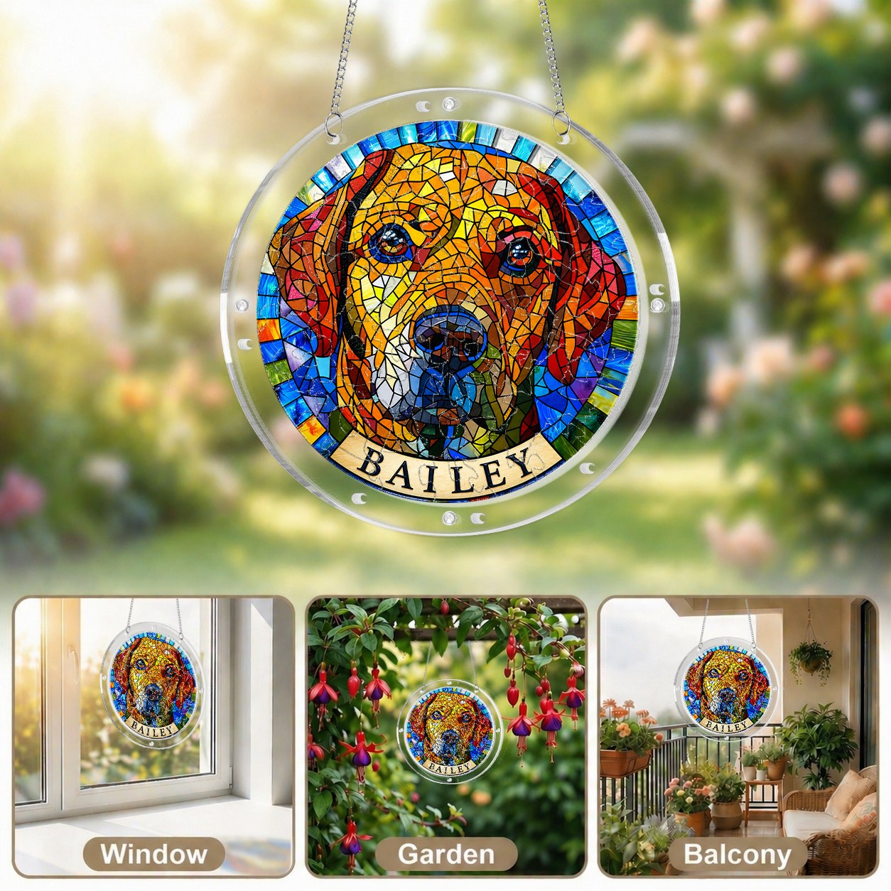 Pet memorial puzzle suncatchers displayed in a bright garden setting