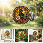 Cat memorial puzzle suncatcher shown in window, garden and balcony