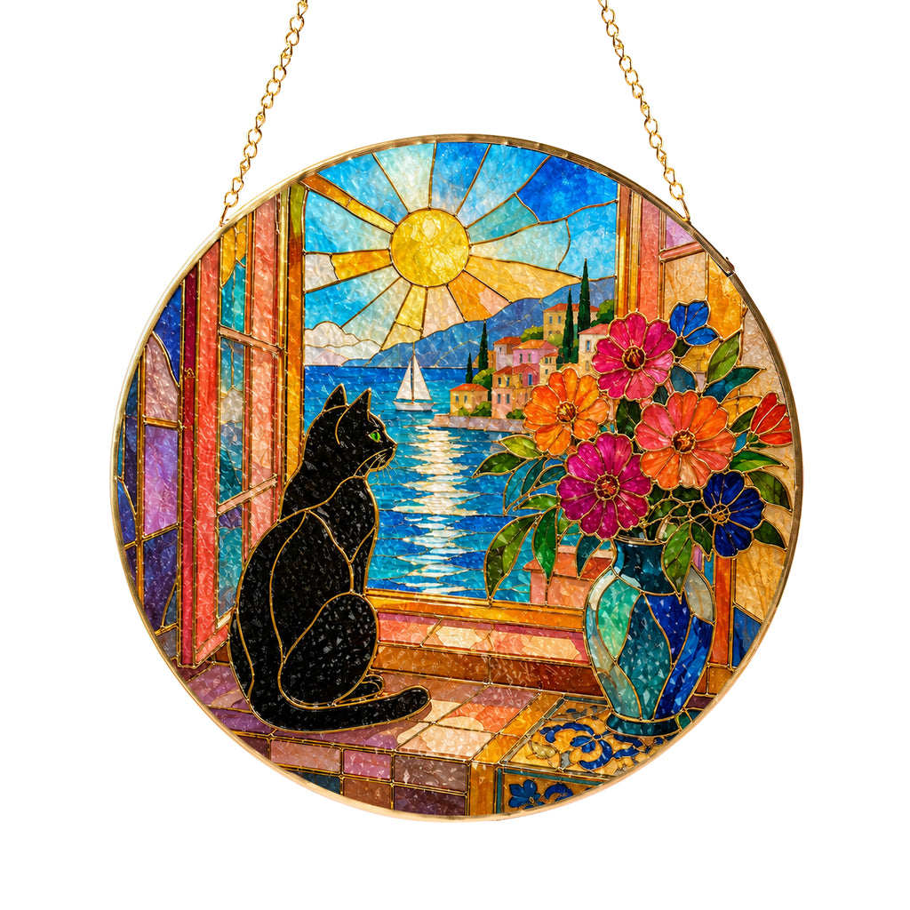 Black Cat & Seaside Window Stained Glass Suncatcher