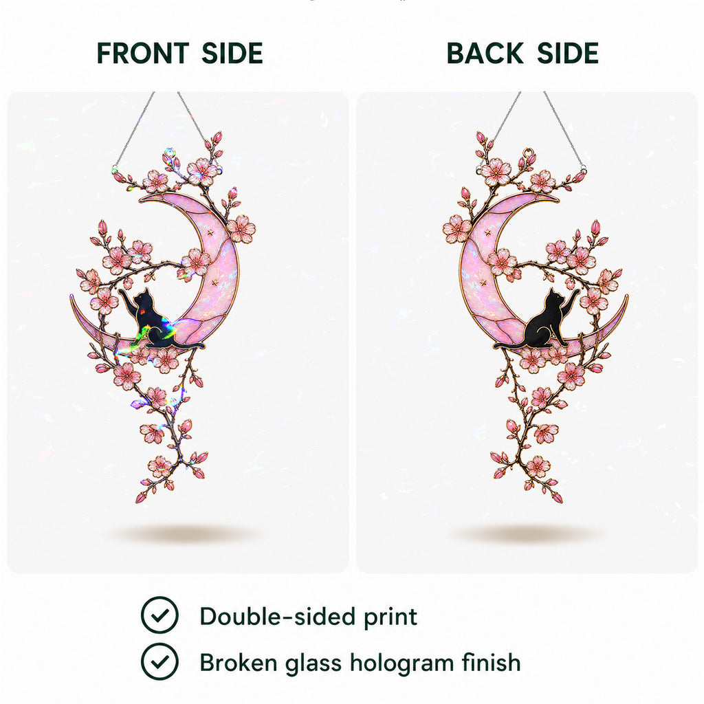 Black Cat & Cherry Blossom Moon Holographic Acrylic Suncatcher