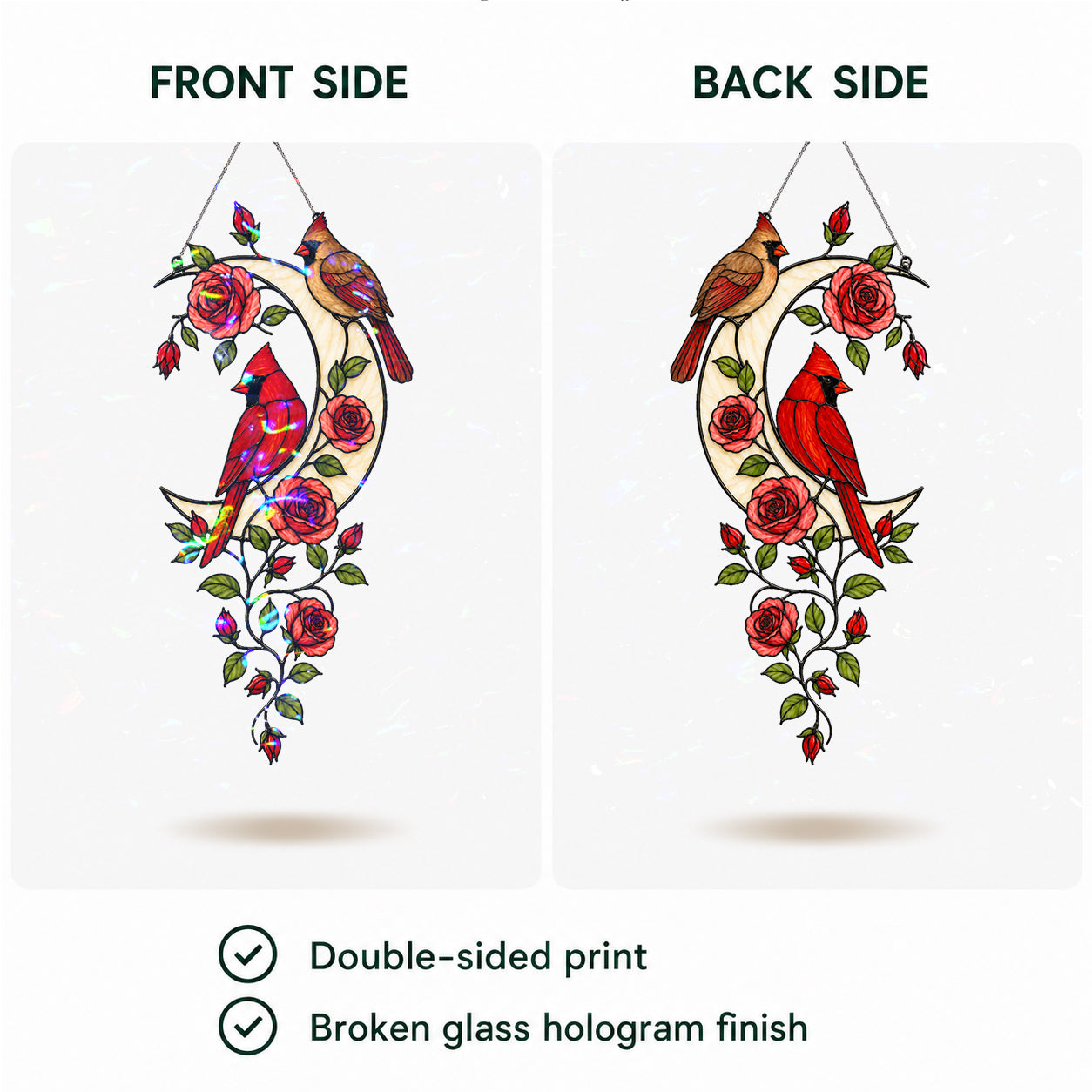 Cardinal Pair & Roses Crescent Moon Holographic Acrylic Suncatcher