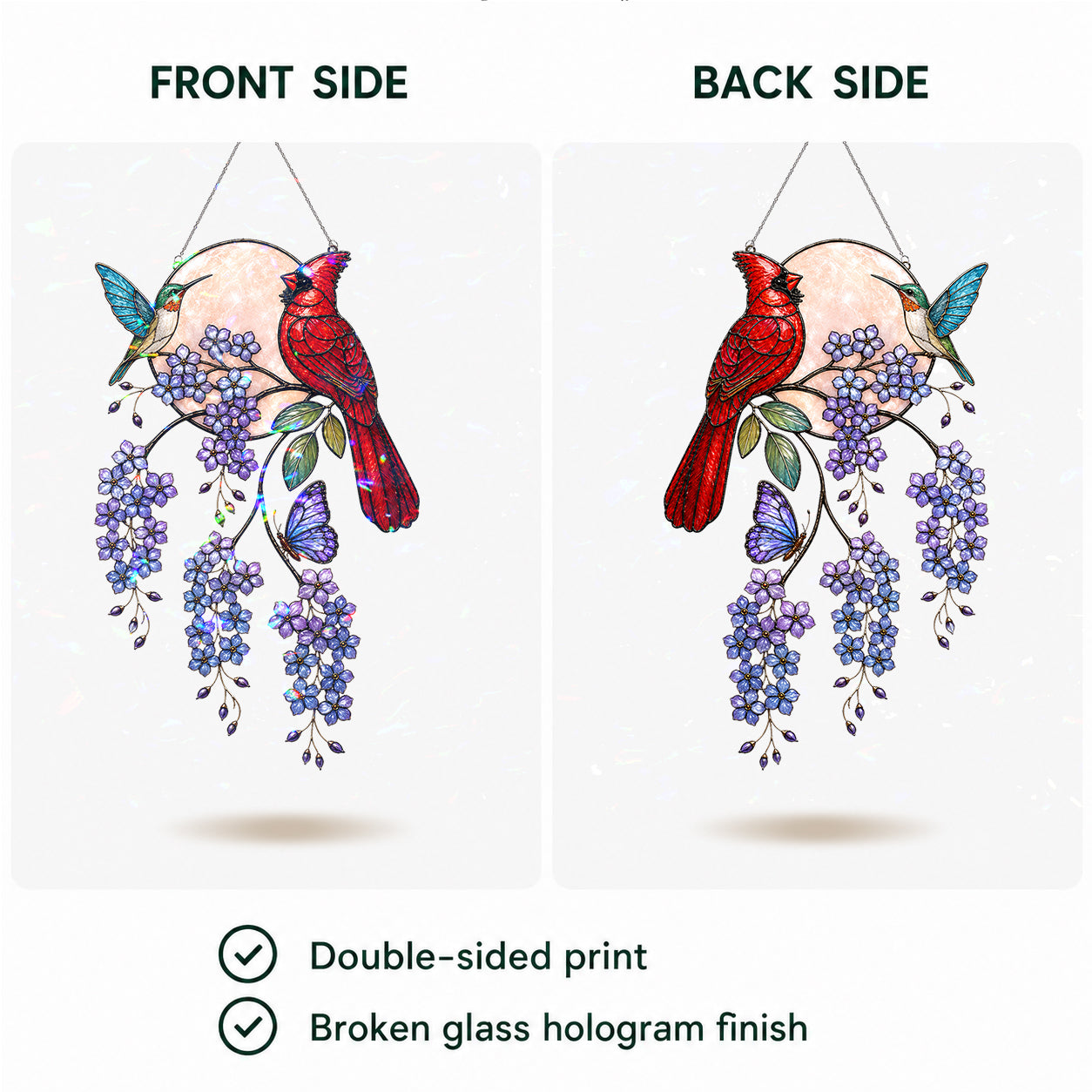 Cardinal & Hummingbird Forget-Me-Not Moon Holographic Acrylic Suncatcher