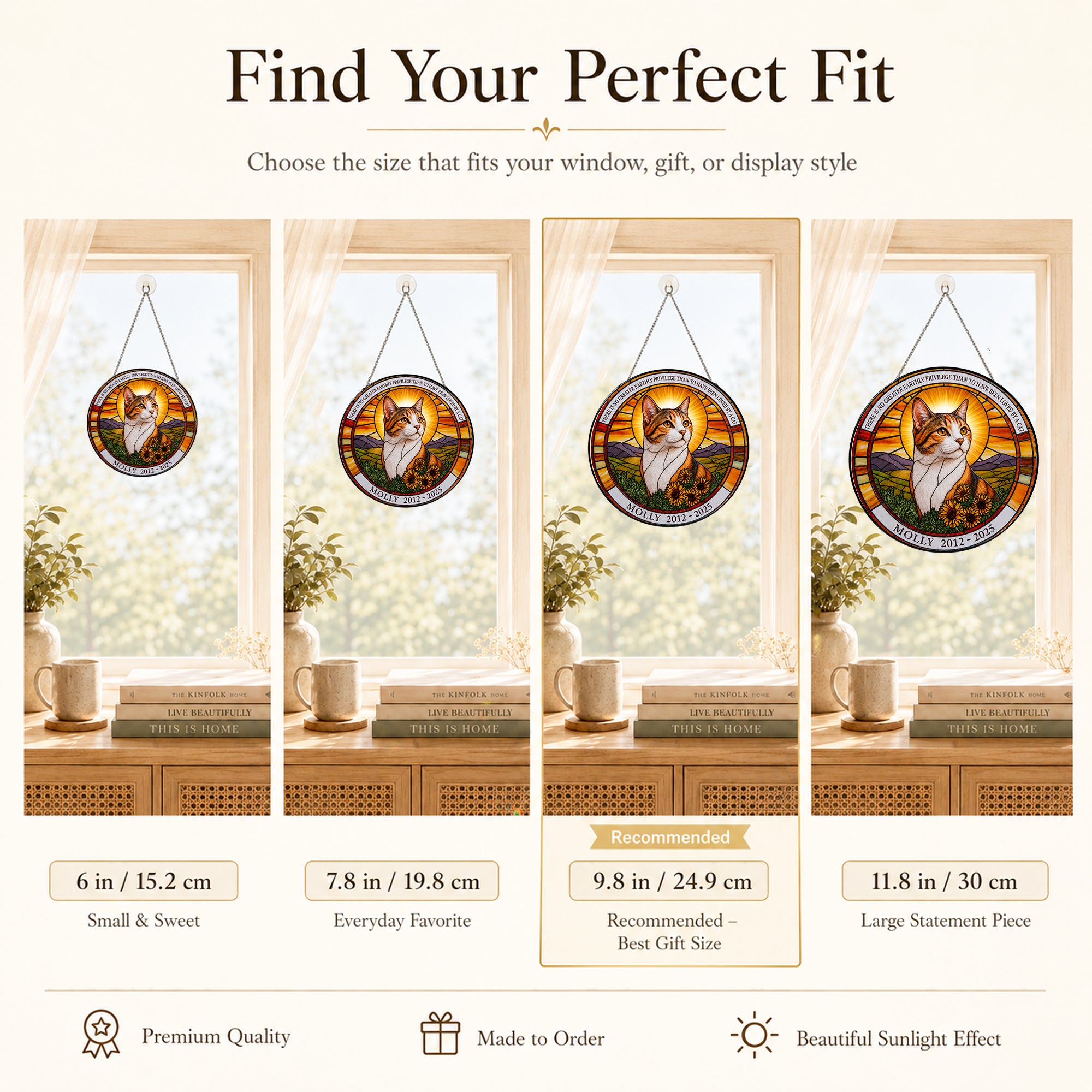 Cat memorial suncatcher size guide 6 7.8 9.8 and 11.8 inch options