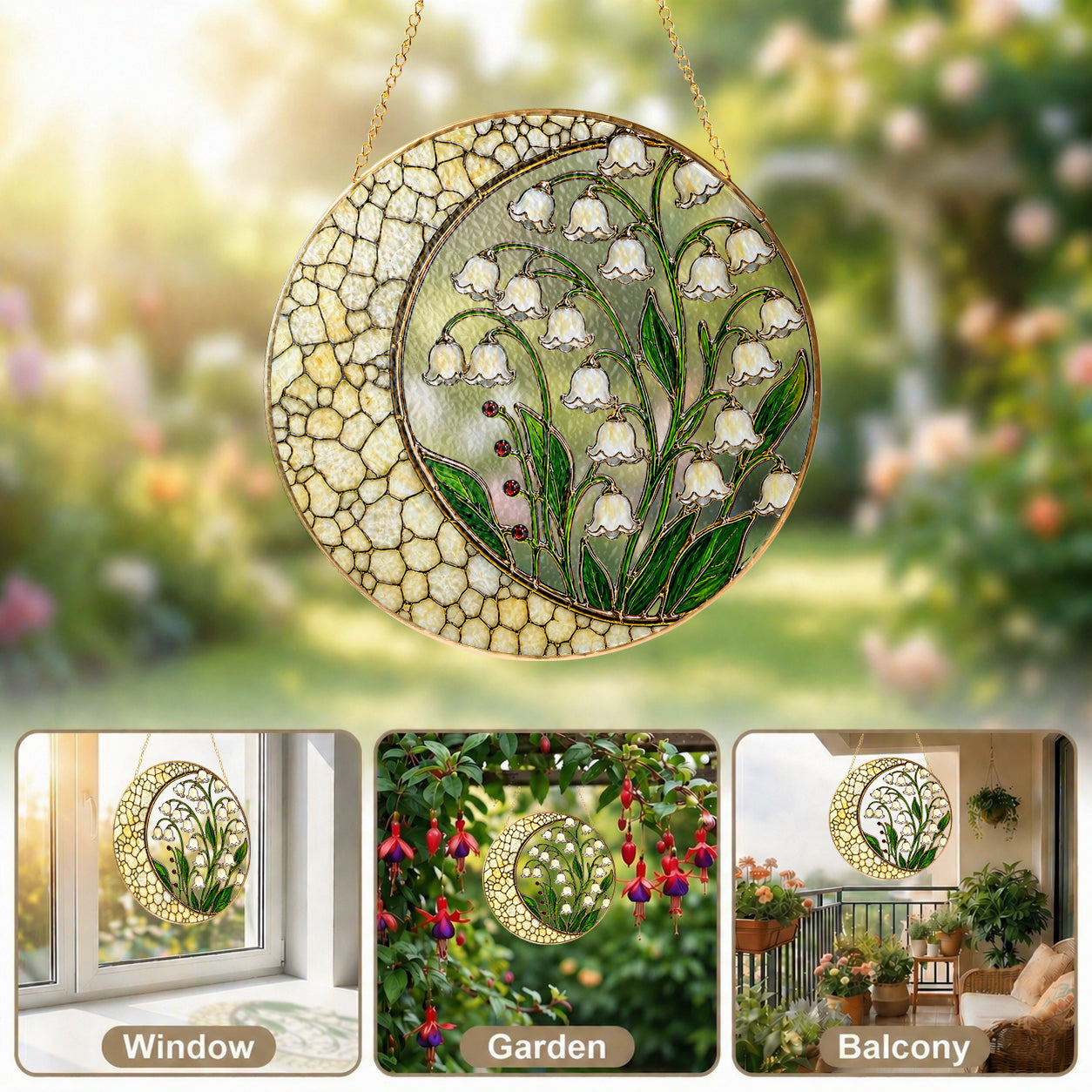 Lily of the Valley Stained Glass Suncatcher – Crescent Moon