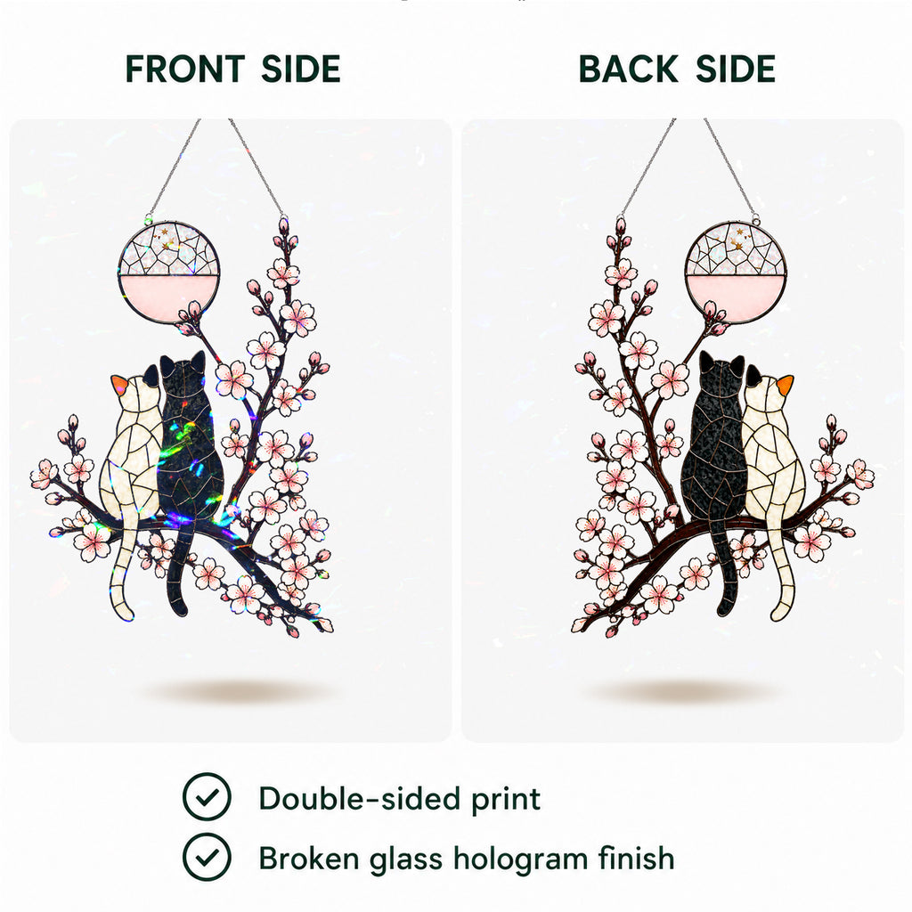 Cat Couple & Cherry Blossom Moon Holographic Acrylic Suncatcher