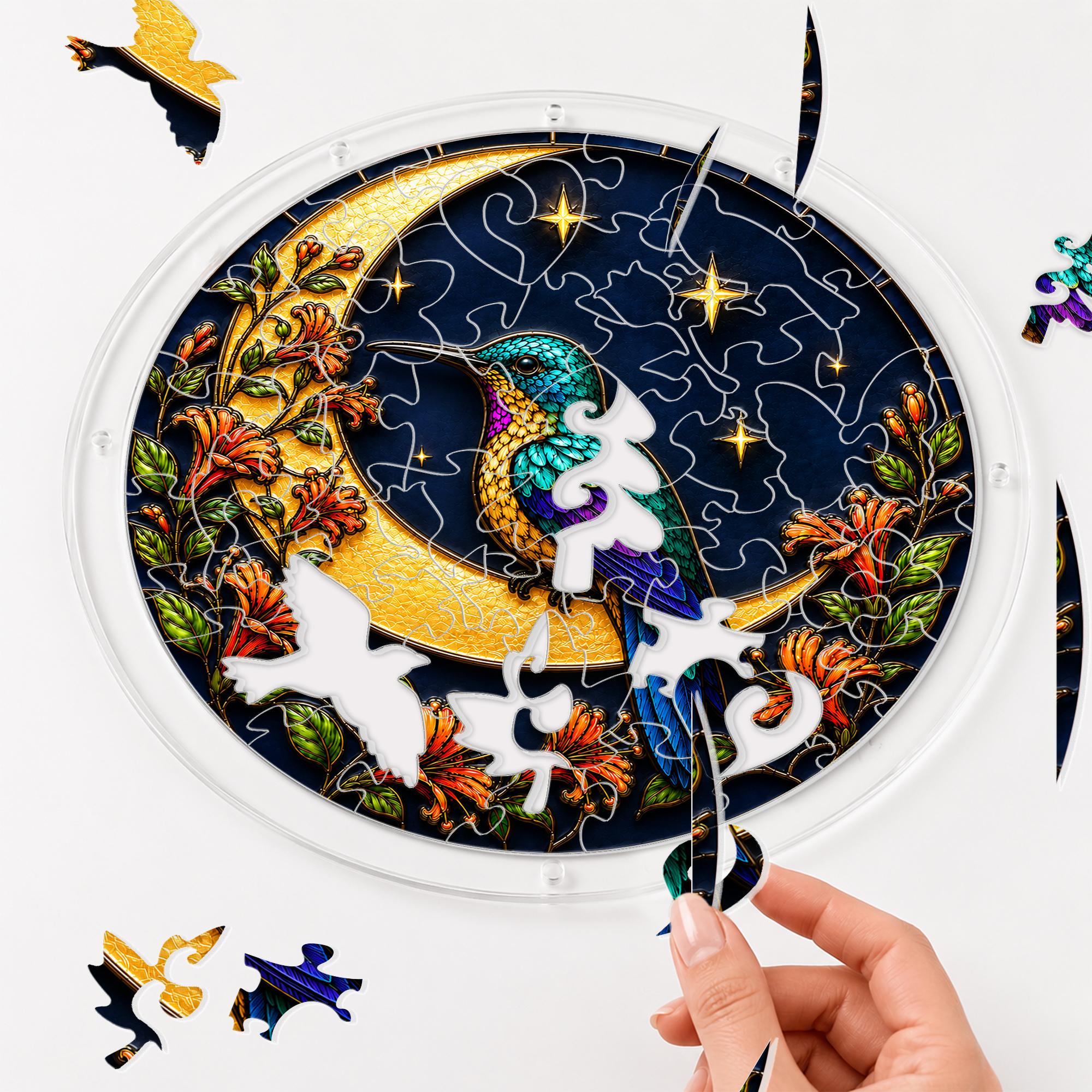 Round acrylic jigsaw puzzle assembly guide for the hummingbird crescent-moon puzzle suncatcher