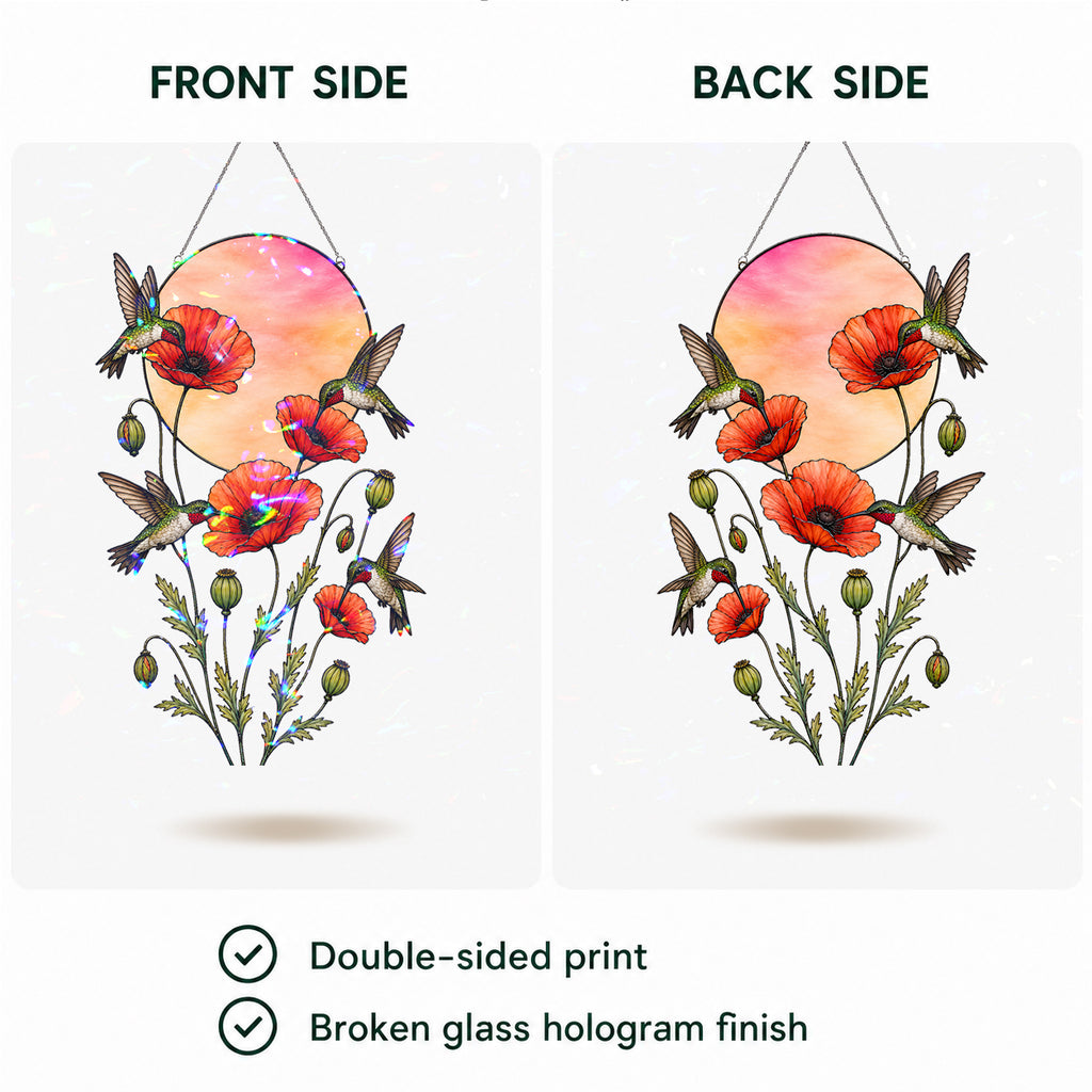 Hummingbirds & Red Poppy Sunset Moon Holographic Acrylic Suncatcher