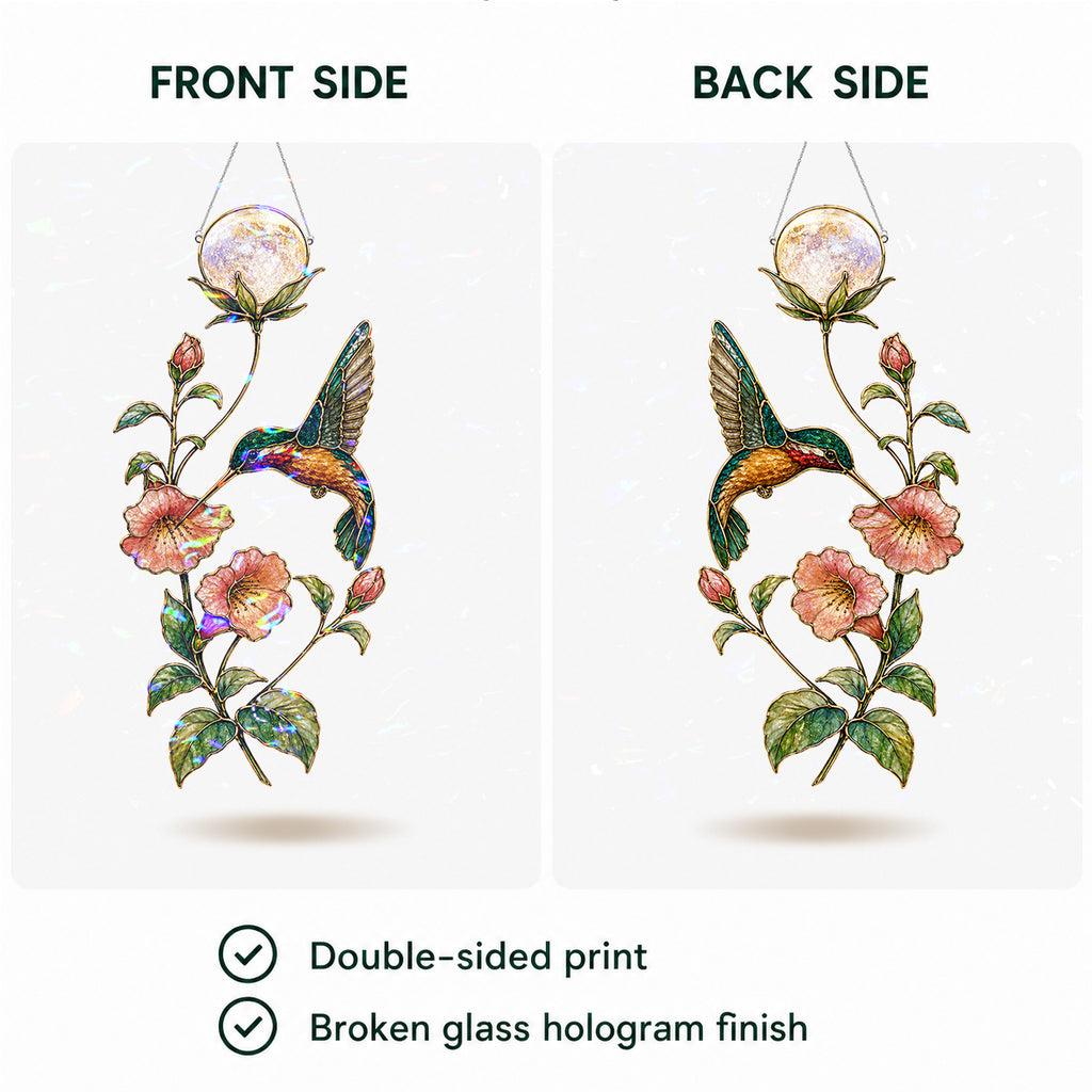 Hummingbird & Trumpet Flower Pearl Moon Holographic Acrylic Suncatcher