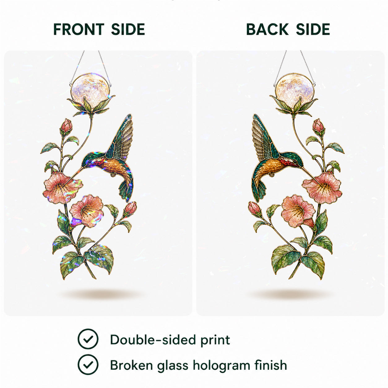 Hummingbird & Trumpet Flower Pearl Moon Holographic Acrylic Suncatcher