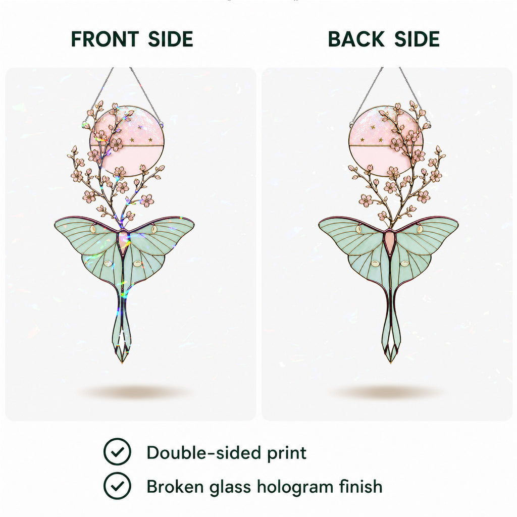 Luna Moth & Cherry Blossom Moon Holographic Acrylic Suncatcher