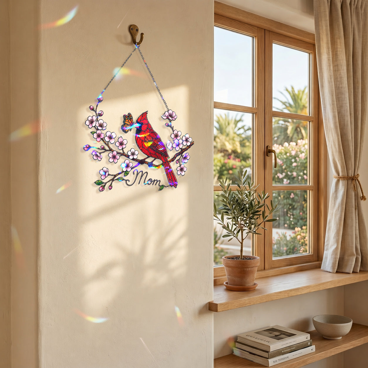 Personalized Cardinal & Cherry Blossom Holographic Acrylic Suncatcher