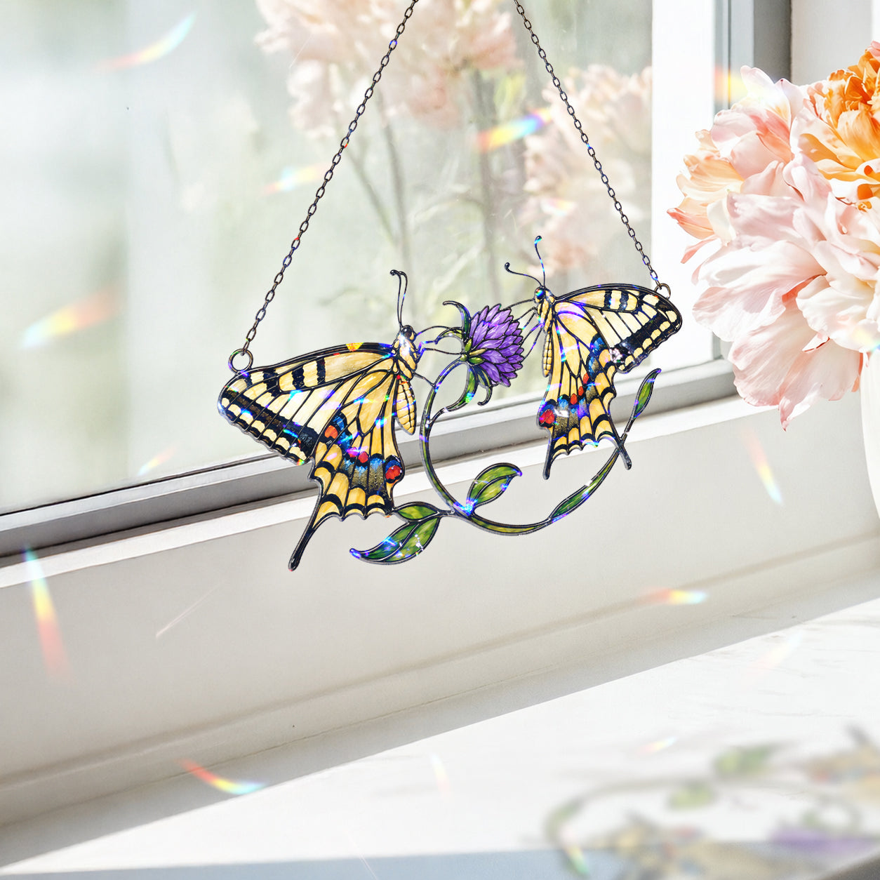 Twin Swallowtail Butterflies & Purple Clover Holographic Acrylic Suncatcher