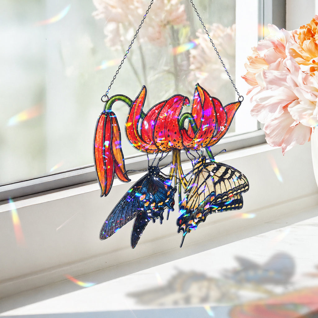Swallowtail Butterflies & Tiger Lily Holographic Acrylic Suncatcher