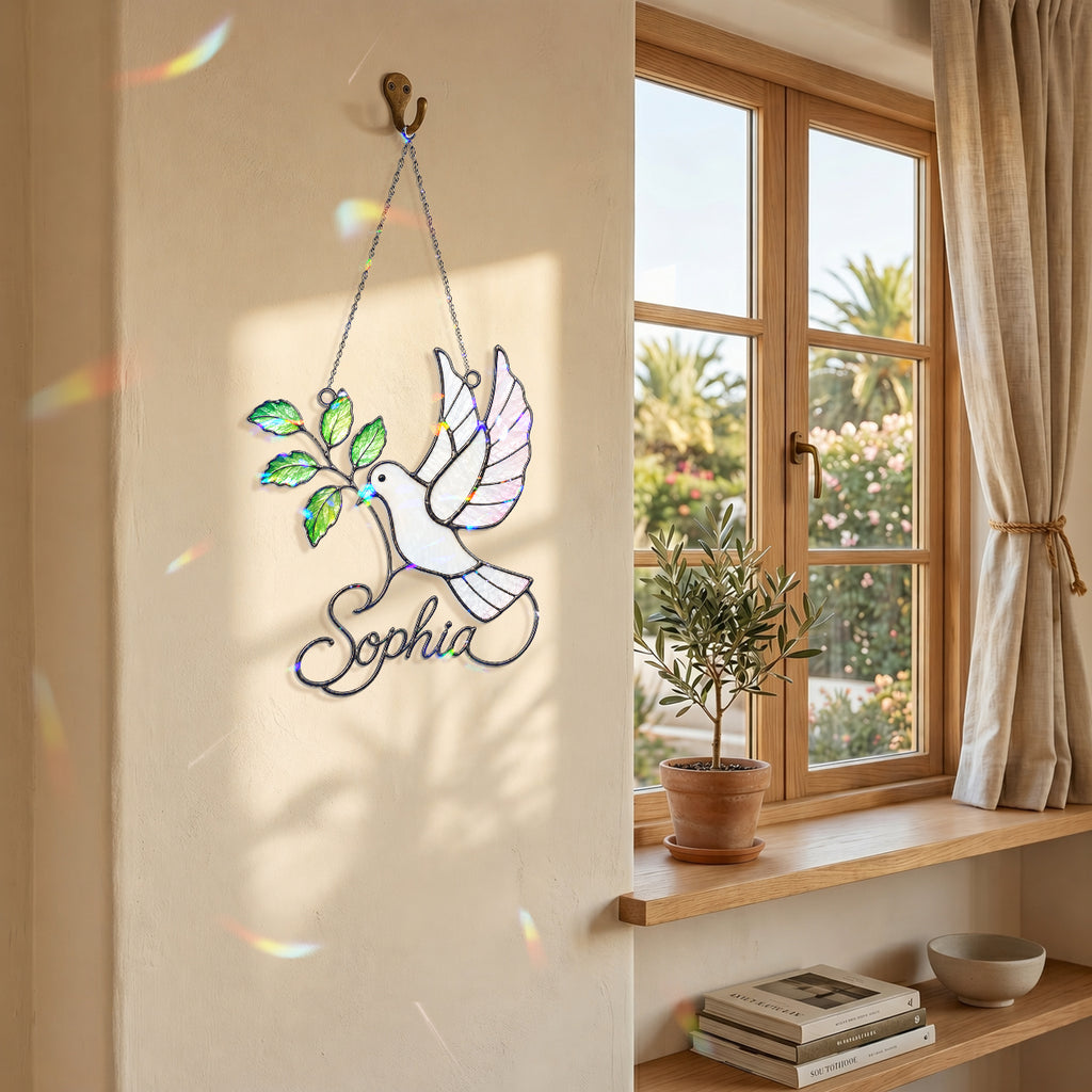 Personalized White Dove & Olive Branch Holographic Acrylic Suncatcher