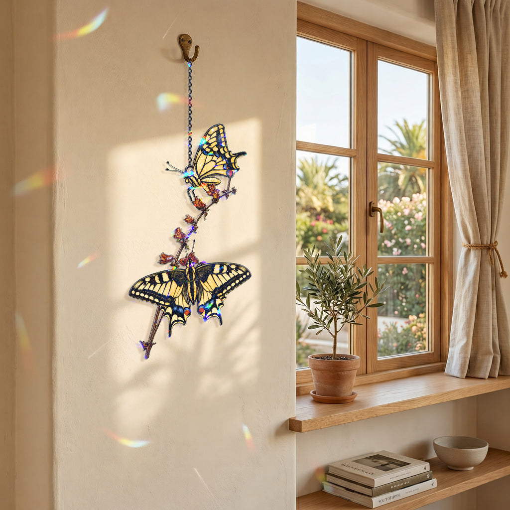 Two Swallowtail Butterflies on Blossom Branch Holographic Acrylic Suncatcher