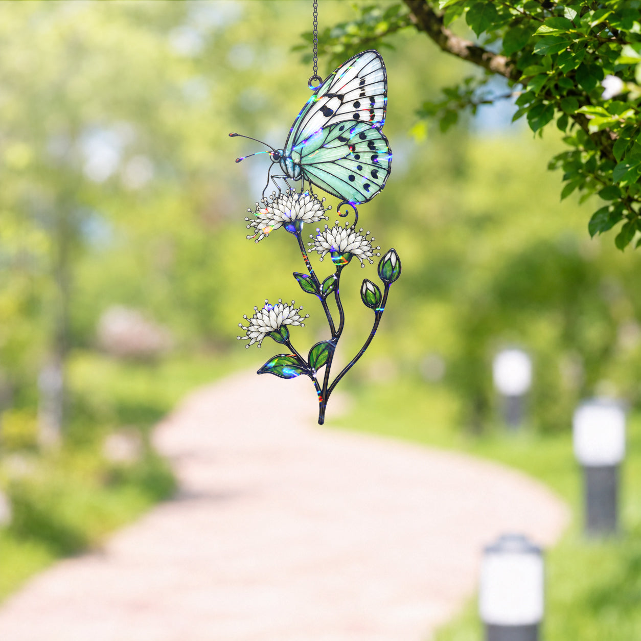 Mint Butterfly & White Blossom Holographic Acrylic Suncatcher