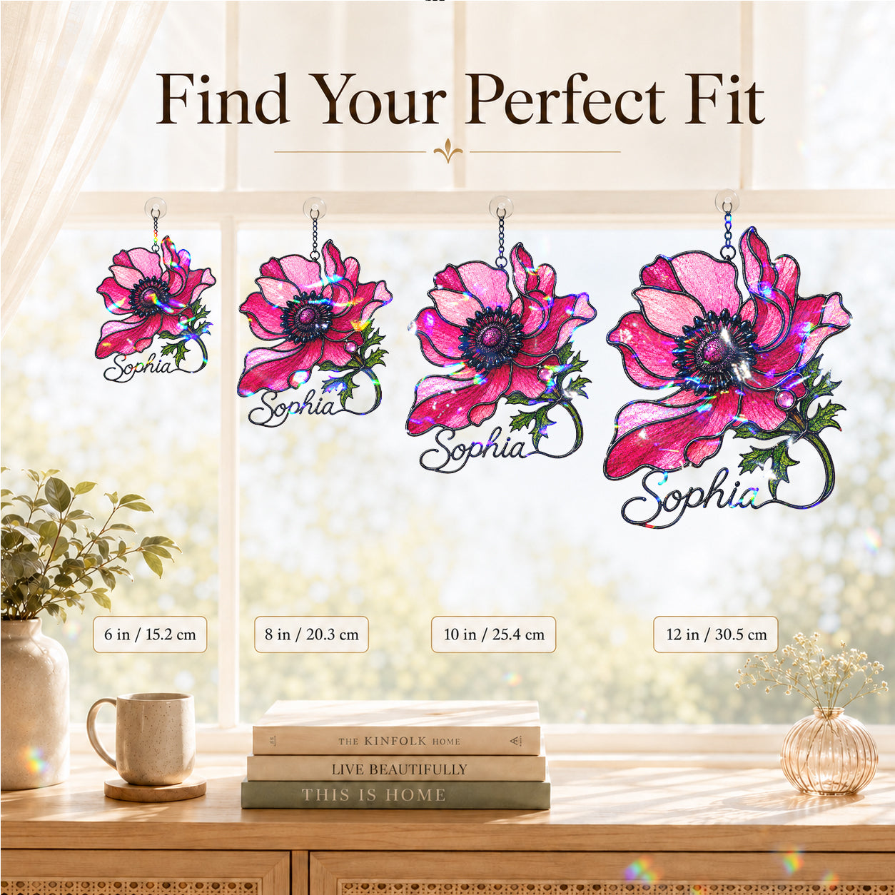 Personalized Pink Anemone Flower Holographic Acrylic Suncatcher