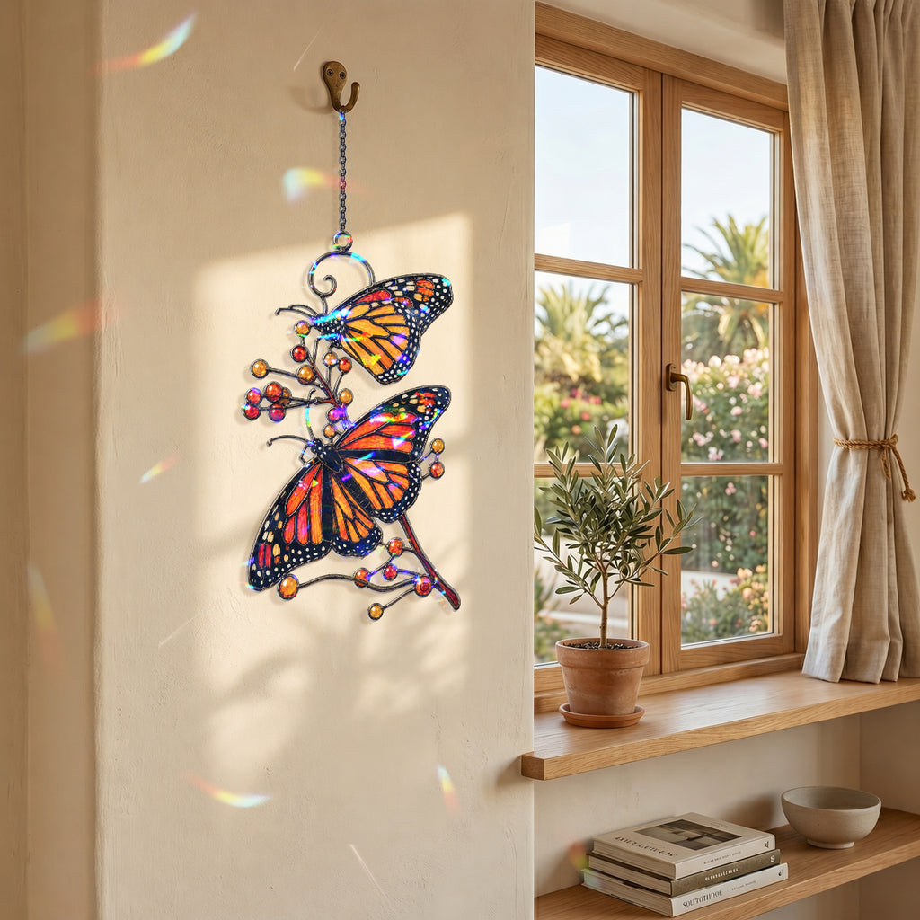 Monarch Butterflies & Berry Branch Holographic Acrylic Suncatcher