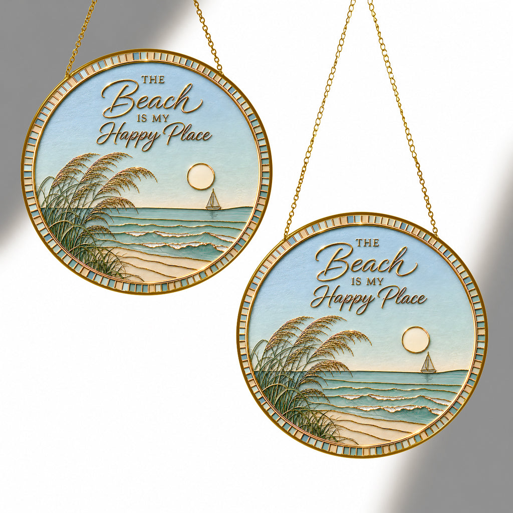 [PIXIWOO] Stained Glass Suncatcher Beach Window Hanging Decor, The Beach Is My Happy Place Ocean Acrylic Ornament, Coastal Wall Art, Beach House Sun Catcher Gift for Ocean Lovers