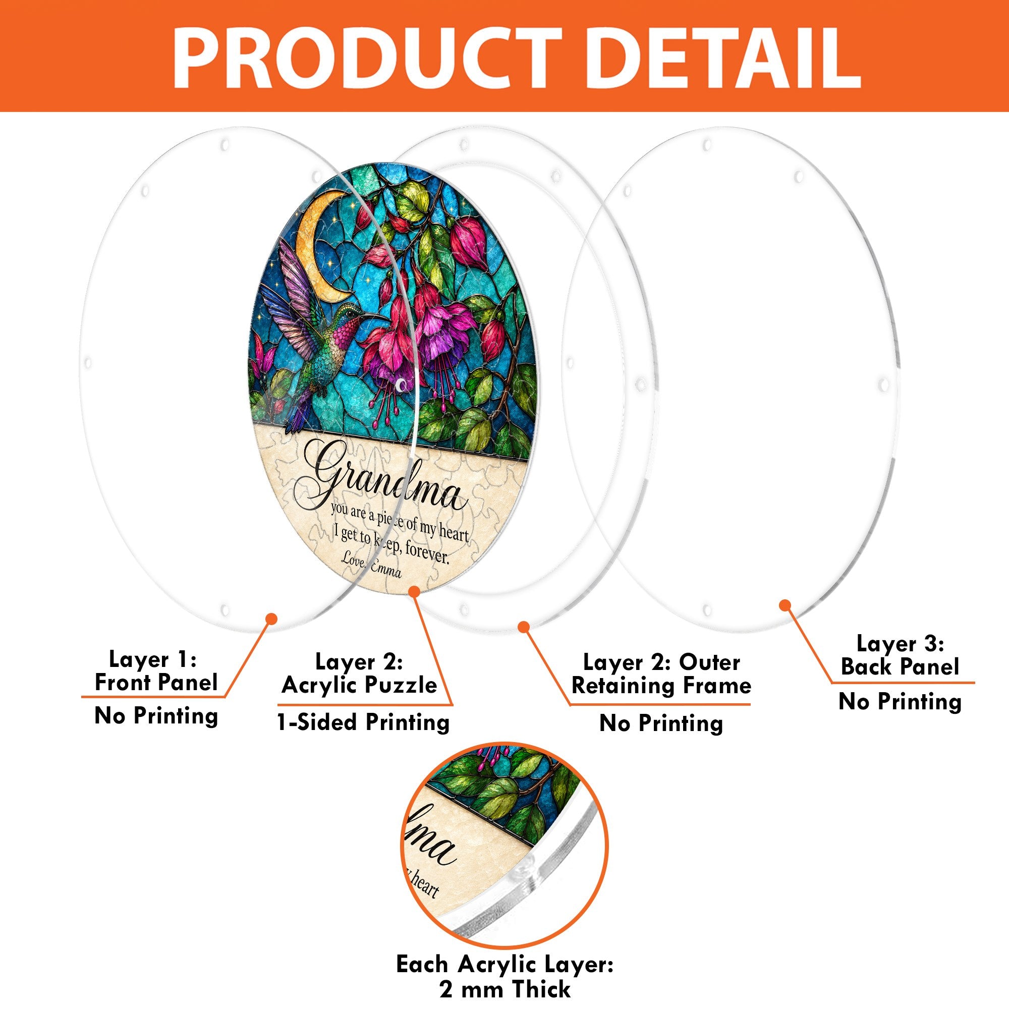 Personalized Grandma Hummingbird Acrylic Puzzle Suncatcher
