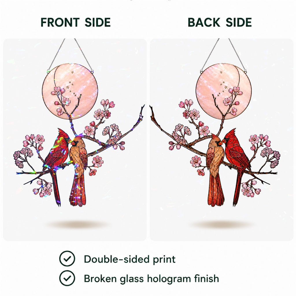 Cardinal Couple & Cherry Blossom Moon Holographic Acrylic Suncatcher