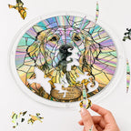 Round acrylic jigsaw puzzle assembly guide for the golden doodle memorial puzzle suncatcher