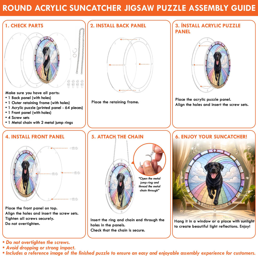 Round acrylic jigsaw puzzle assembly guide for the black Labrador memorial puzzle suncatcher