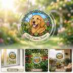 Pet memorial puzzle suncatchers displayed in a bright garden setting