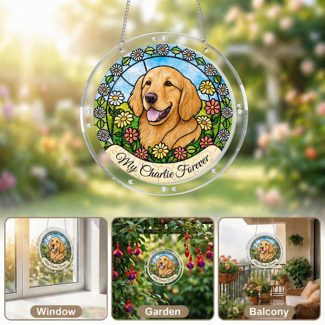 Pet memorial puzzle suncatchers displayed in a bright garden setting