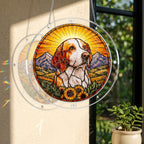 Dog memorial puzzle suncatcher in a bright window