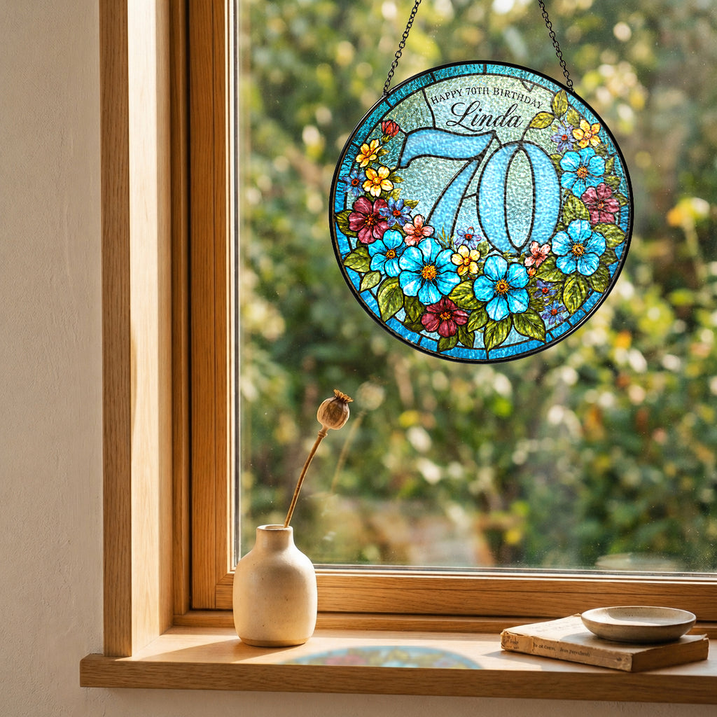 Personalized 70th Birthday Suncatcher – Custom Name Floral Stained Glass Window Hanging Gift