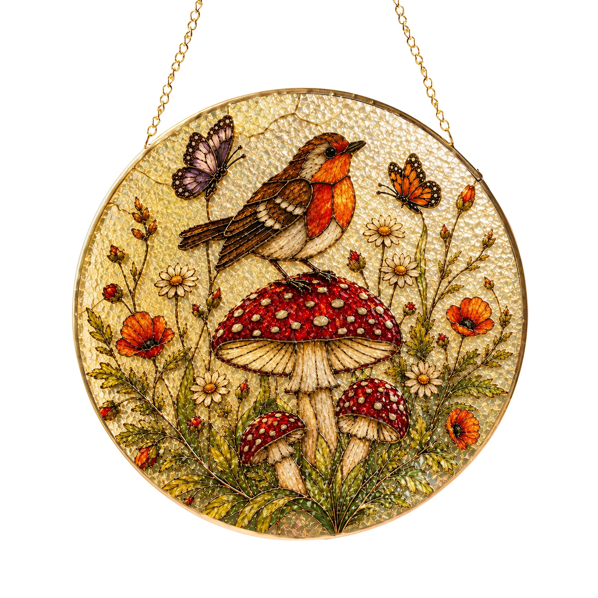 Robin & Mushroom Stained Glass Suncatcher