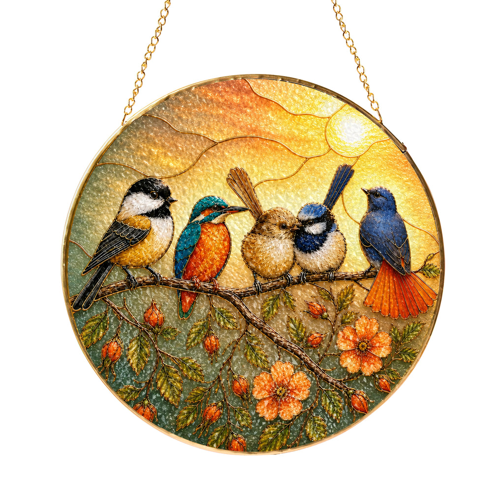 Colorful Birds on a Branch Stained Glass Suncatcher