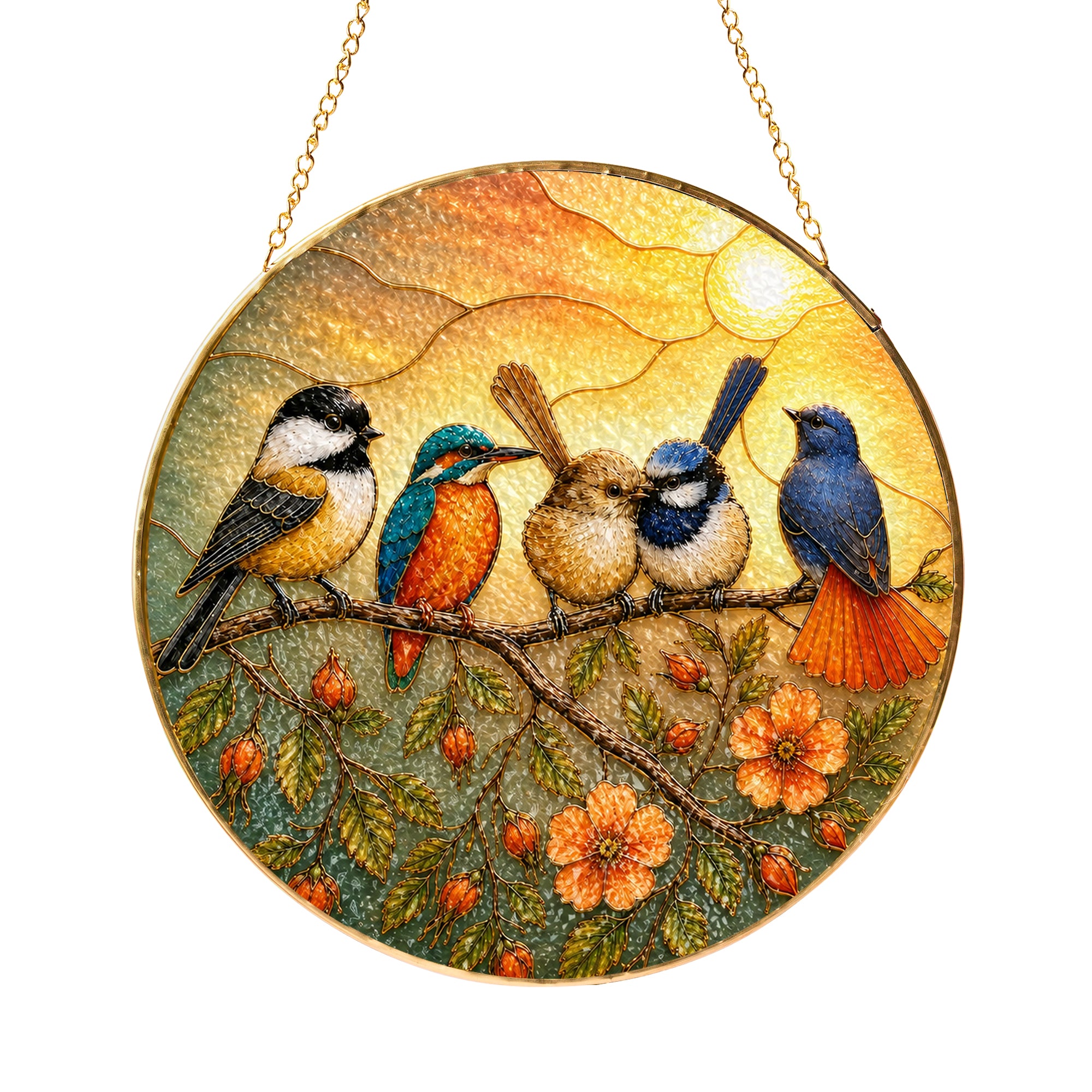 Colorful Birds on a Branch Stained Glass Suncatcher