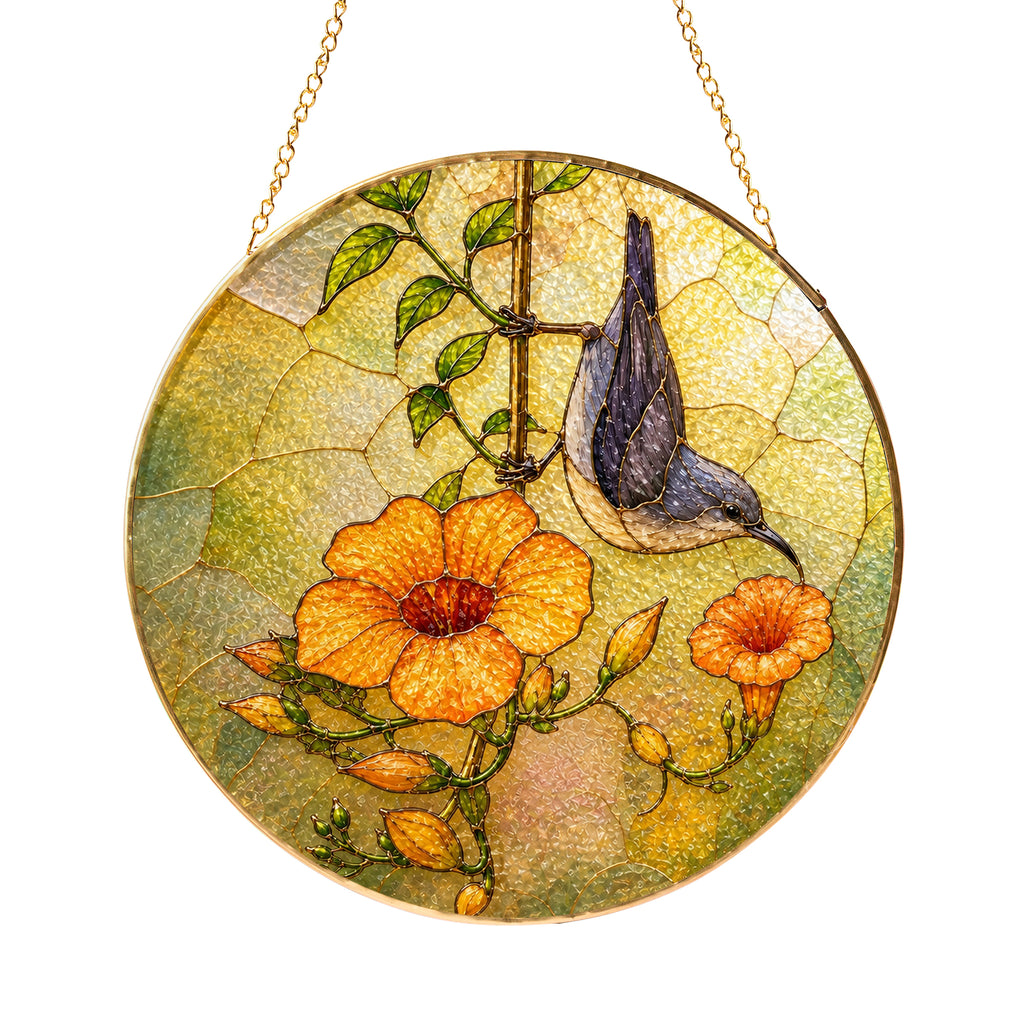Nuthatch & Trumpet Flower Stained Glass Suncatcher