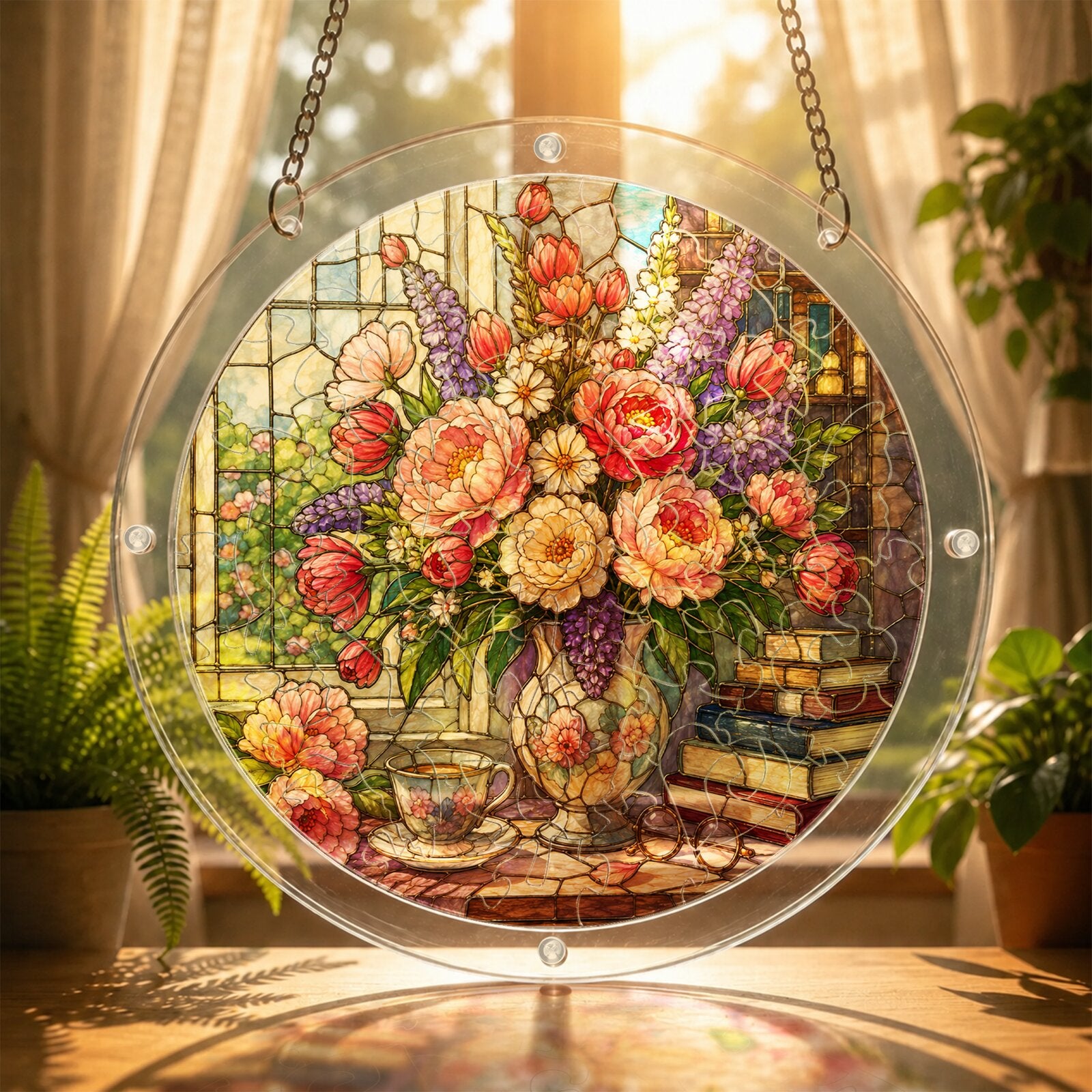 Peony &amp; Larkspur Acrylic Puzzle Suncatcher