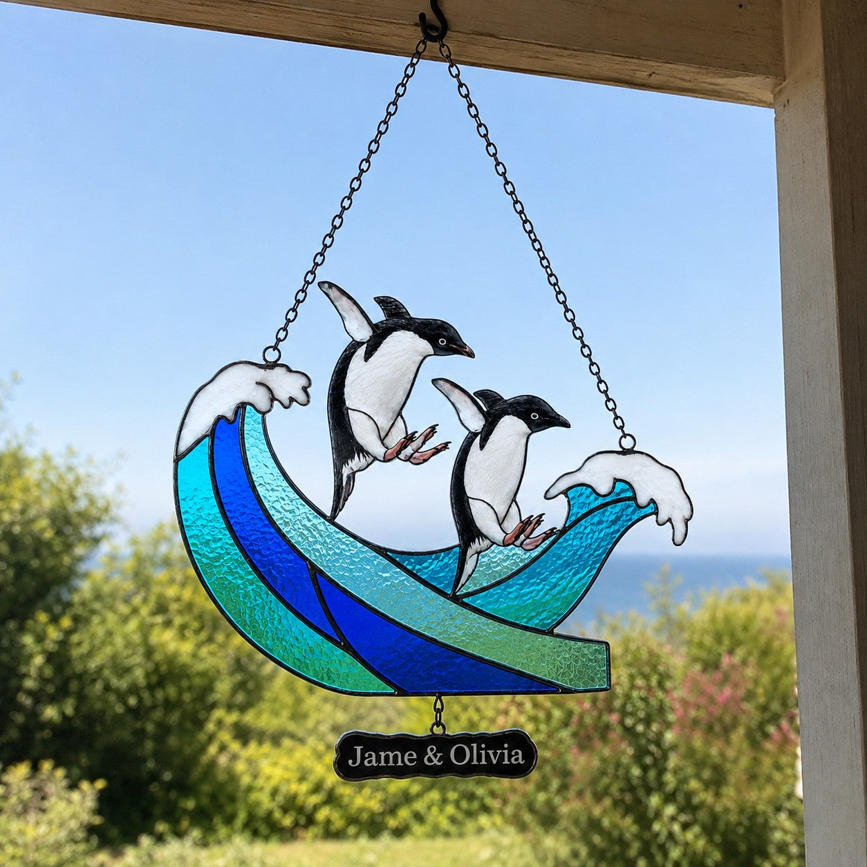Personalized Penguin Couple Ocean Wave Holographic Acrylic Suncatcher