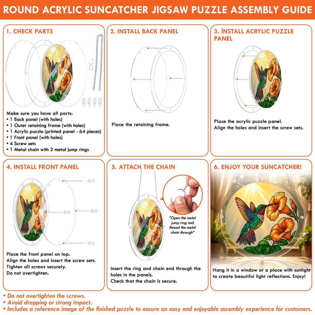 Round acrylic jigsaw puzzle assembly guide for the hummingbird trumpet-flower puzzle suncatcher