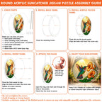 Round acrylic jigsaw puzzle assembly guide for the hummingbird trumpet-flower puzzle suncatcher