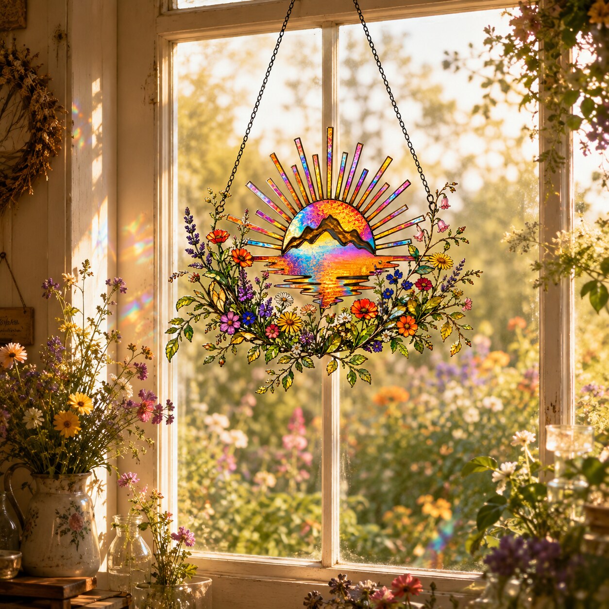 Sunrise Mountain Wildflower Holographic Acrylic Suncatcher