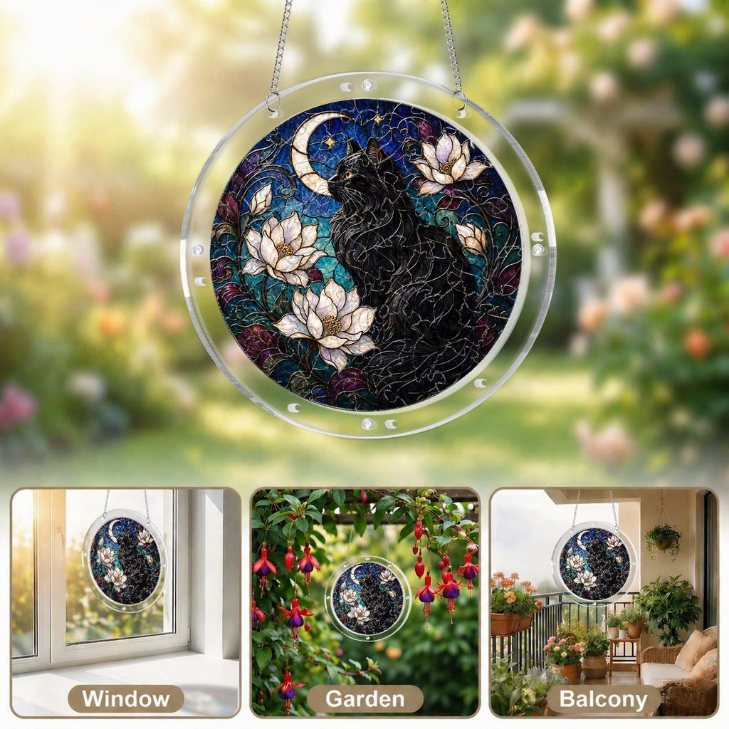Black cat memorial puzzle suncatcher shown in window, garden and balcony