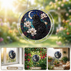 Black cat memorial puzzle suncatcher shown in window, garden and balcony