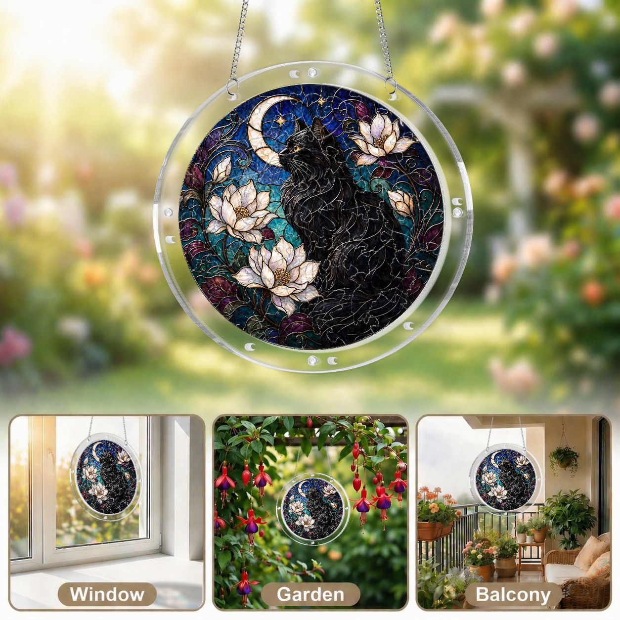 Black cat memorial puzzle suncatcher shown in window, garden and balcony