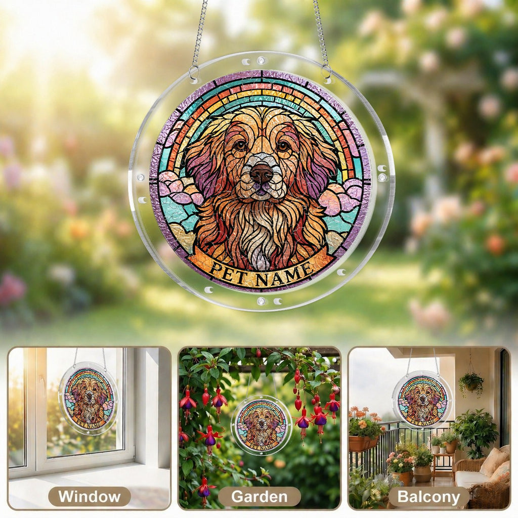 Dog memorial puzzle suncatcher shown in window, garden and balcony