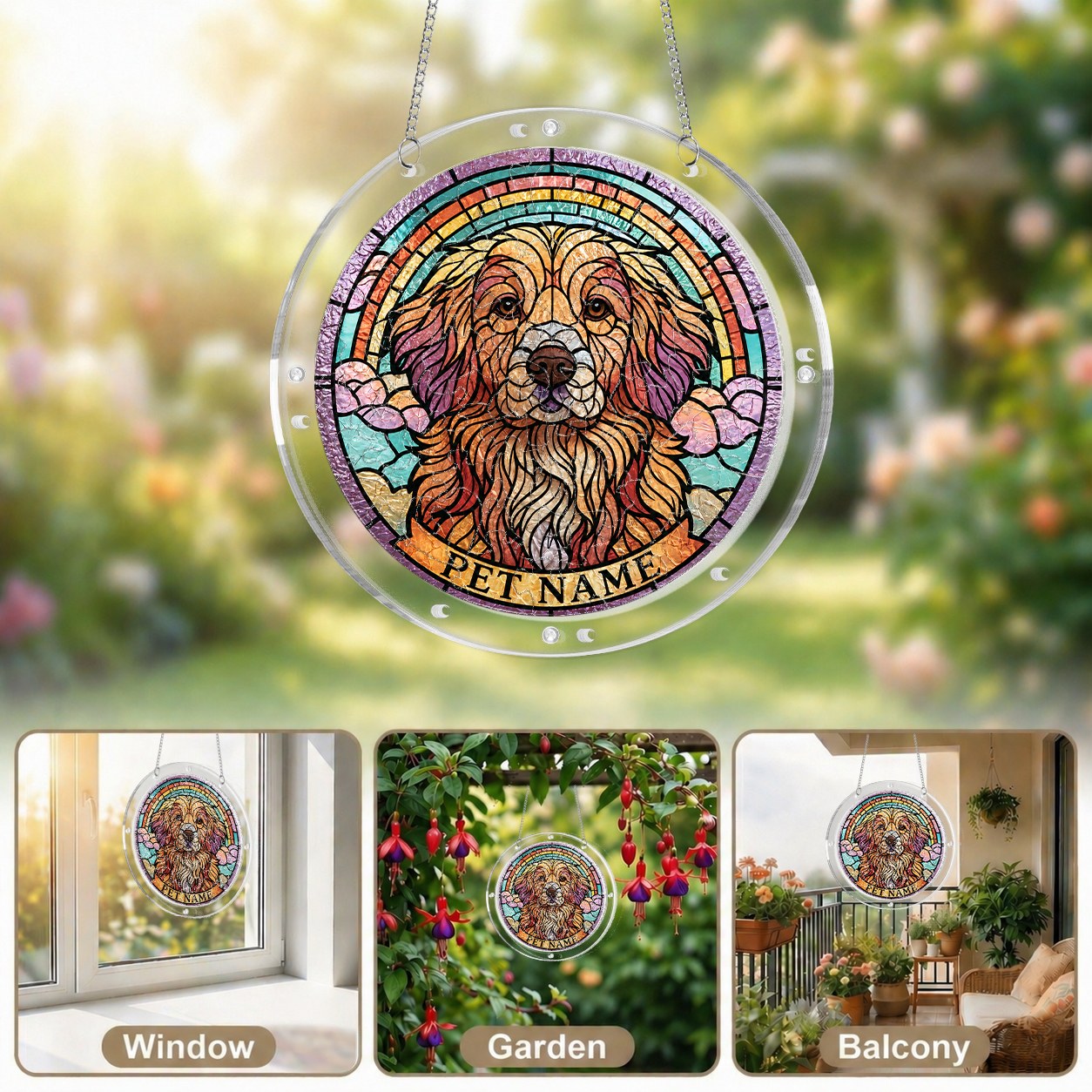 Dog memorial puzzle suncatcher shown in window, garden and balcony